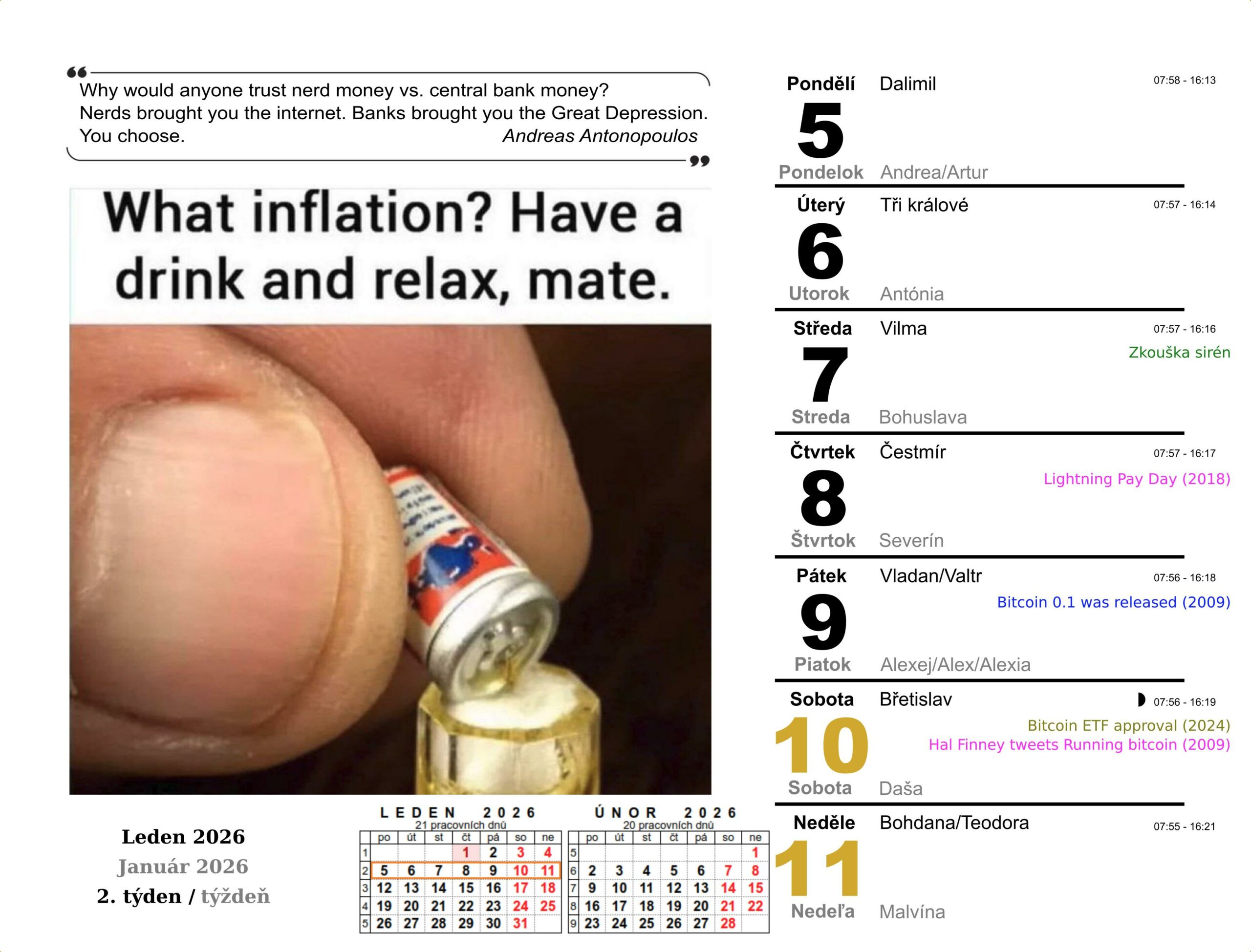 bitcoin kalendář 2. týden 2026