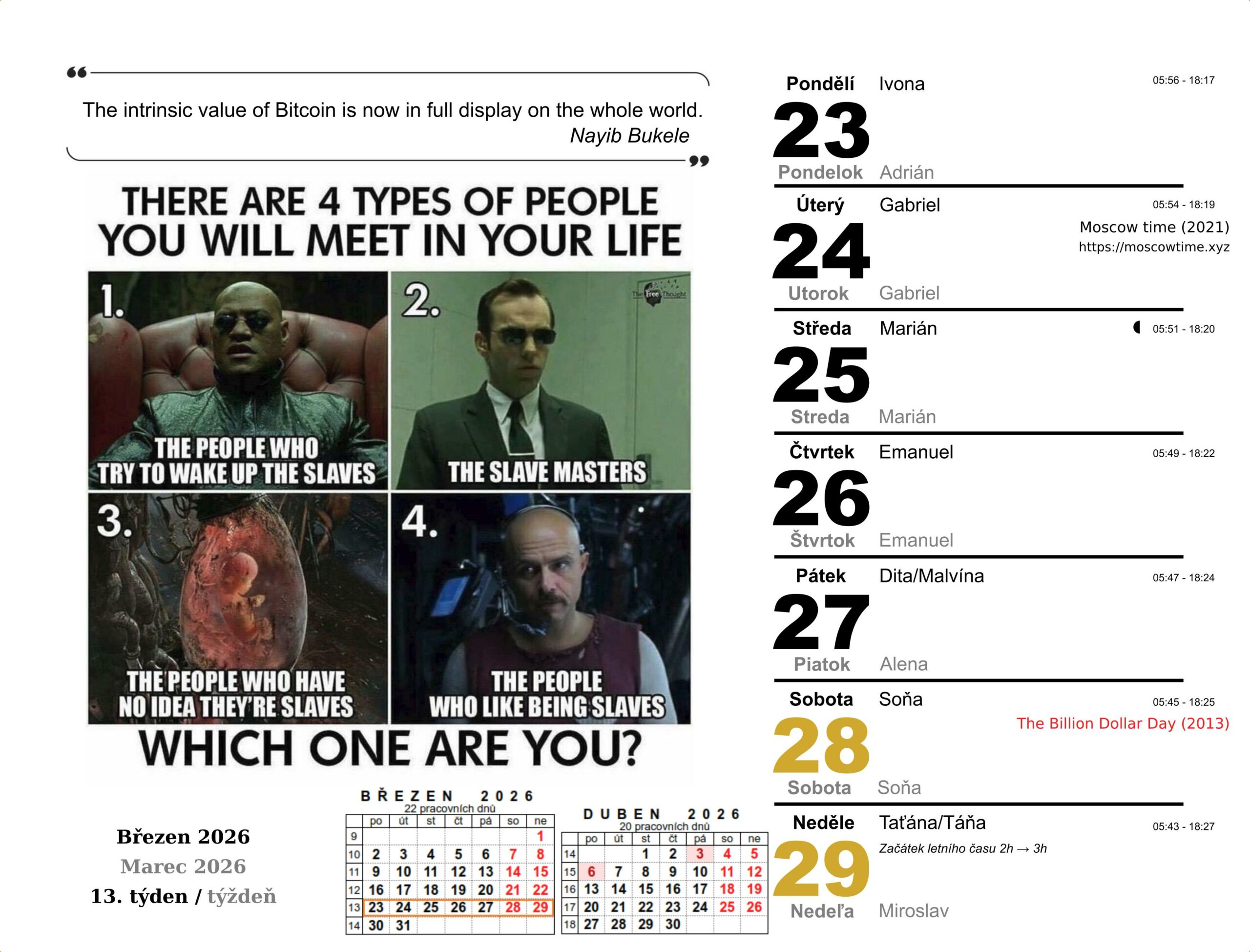 btc kalendář 13. týden 2026