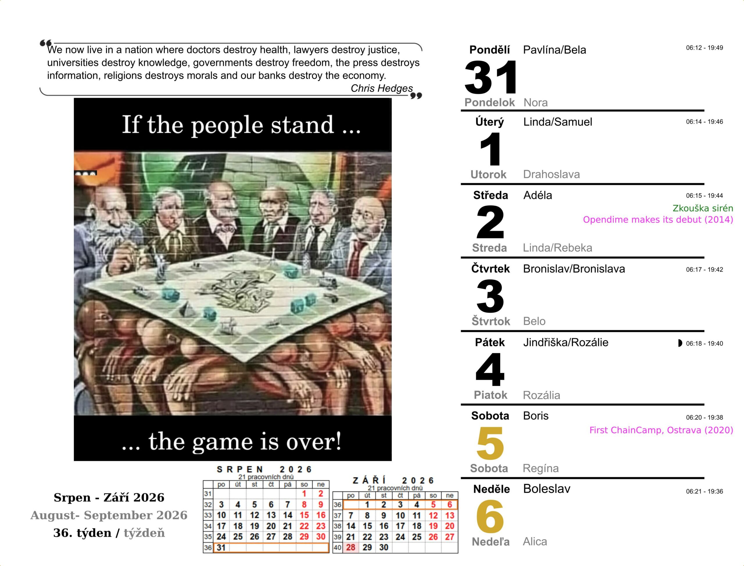 btc kalendář 36. týden 2026